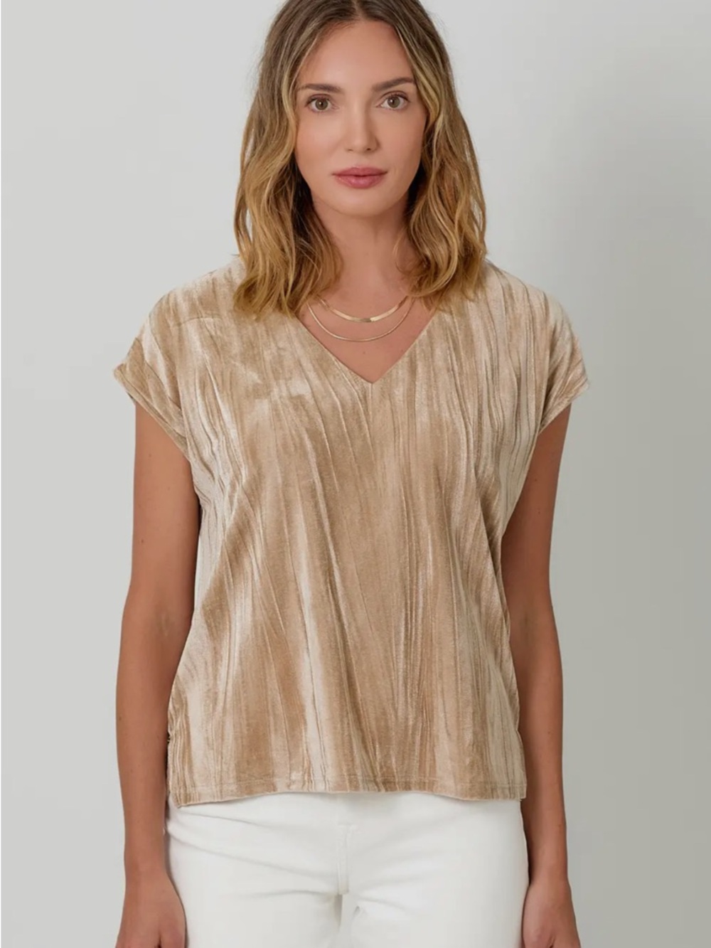 Beige V-Neck Short Sleeve Top